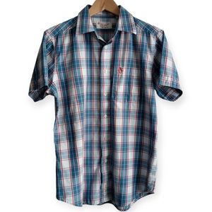 ORIGINAL PENGUIN BY MUNSINGWEAR MEN'S BLUE & RED PLAID SHORT-SLEEVE SHIRT.SIZE M